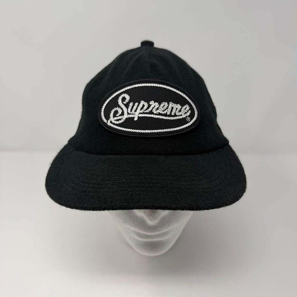Supreme Terry Mesh Back 5-Panel Trucker Hat Black Snapback Embroidered Logo